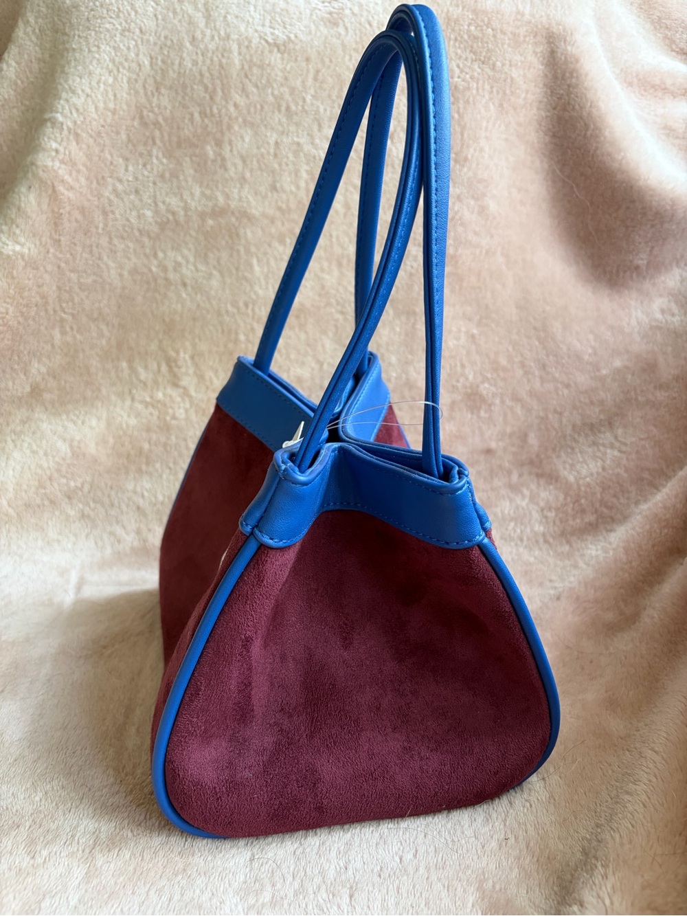 Anthropologie Blue Trim Burgundy Suede Handbag - Picture 4 of 9